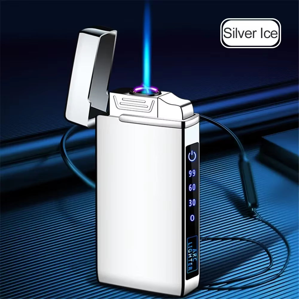 Power Display USB Charge Plasma Butane Gas Lighter with Flashlight 3In1 Jet Lighter Metal Windproof Flameless Electric Lighter