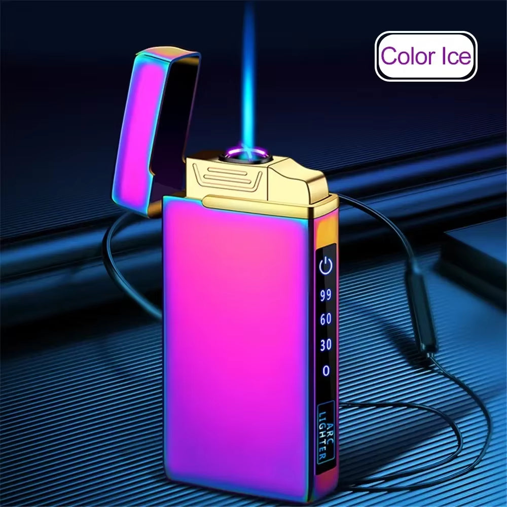 Power Display USB Charge Plasma Butane Gas Lighter with Flashlight 3In1 Jet Lighter Metal Windproof Flameless Electric Lighter