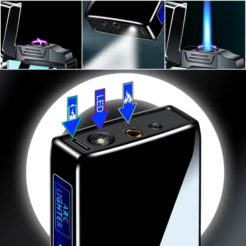 Power Display USB Charge Plasma Butane Gas Lighter with Flashlight 3In1 Jet Lighter Metal Windproof Flameless Electric Lighter