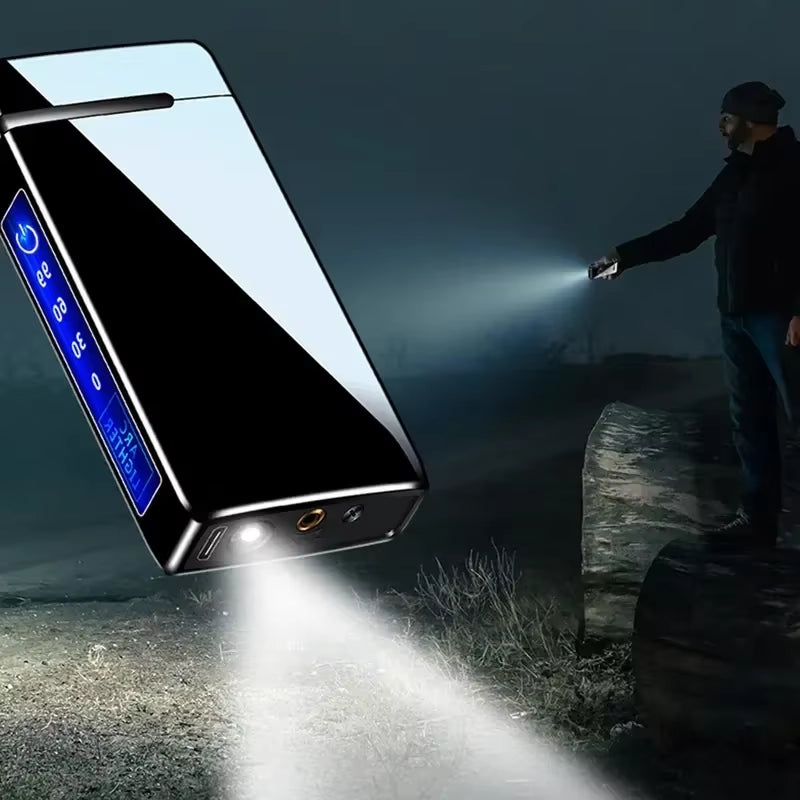Power Display USB Charge Plasma Butane Gas Lighter with Flashlight 3In1 Jet Lighter Metal Windproof Flameless Electric Lighter