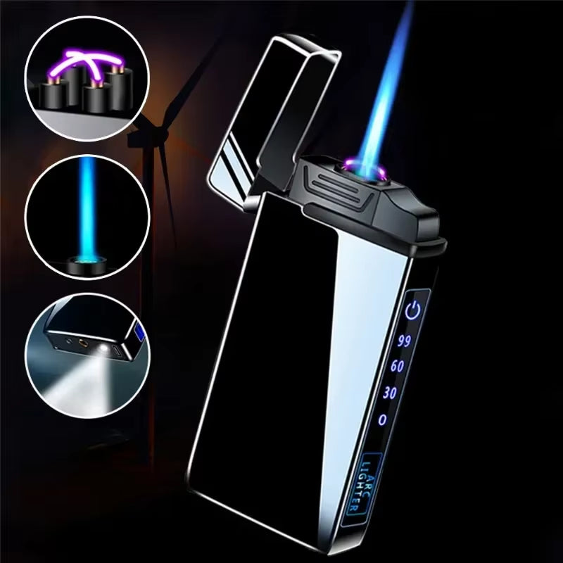 Power Display USB Charge Plasma Butane Gas Lighter with Flashlight 3In1 Jet Lighter Metal Windproof Flameless Electric Lighter
