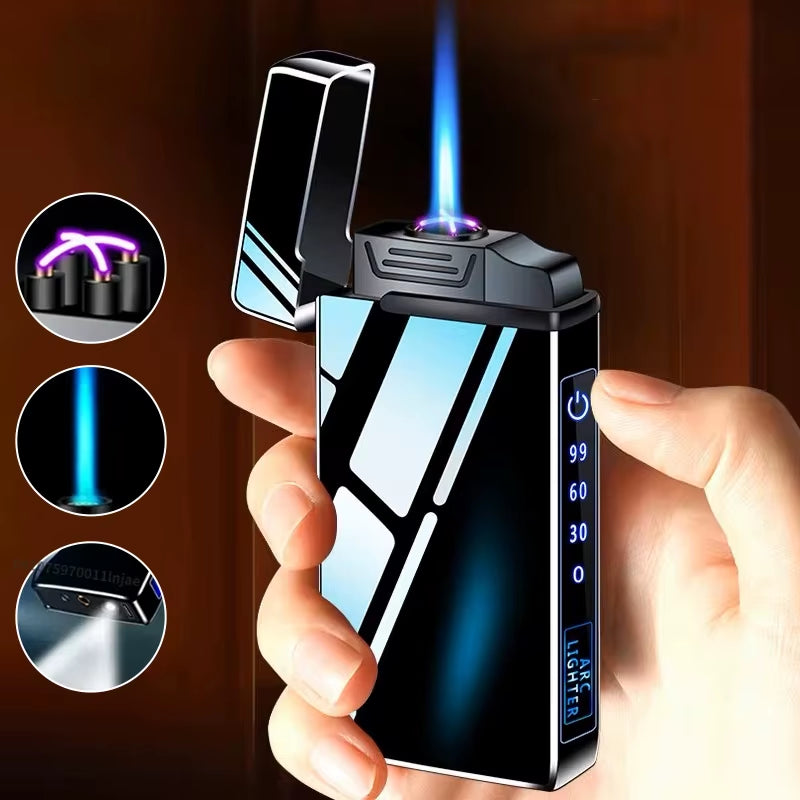 Power Display USB Charge Plasma Butane Gas Lighter with Flashlight 3In1 Jet Lighter Metal Windproof Flameless Electric Lighter
